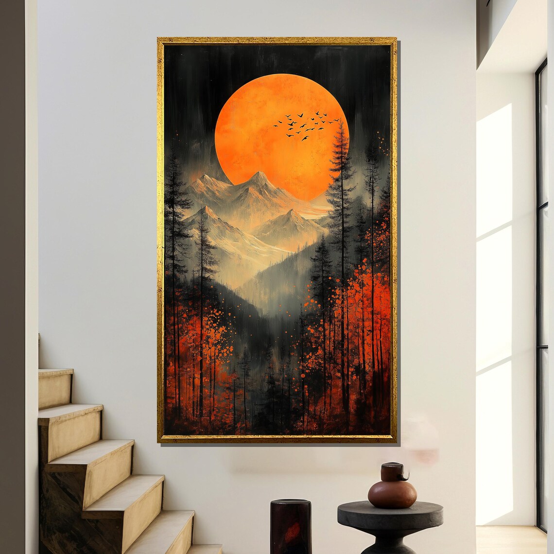 Mystical Autumn Forest Landscape, Dramatic Moon Scene