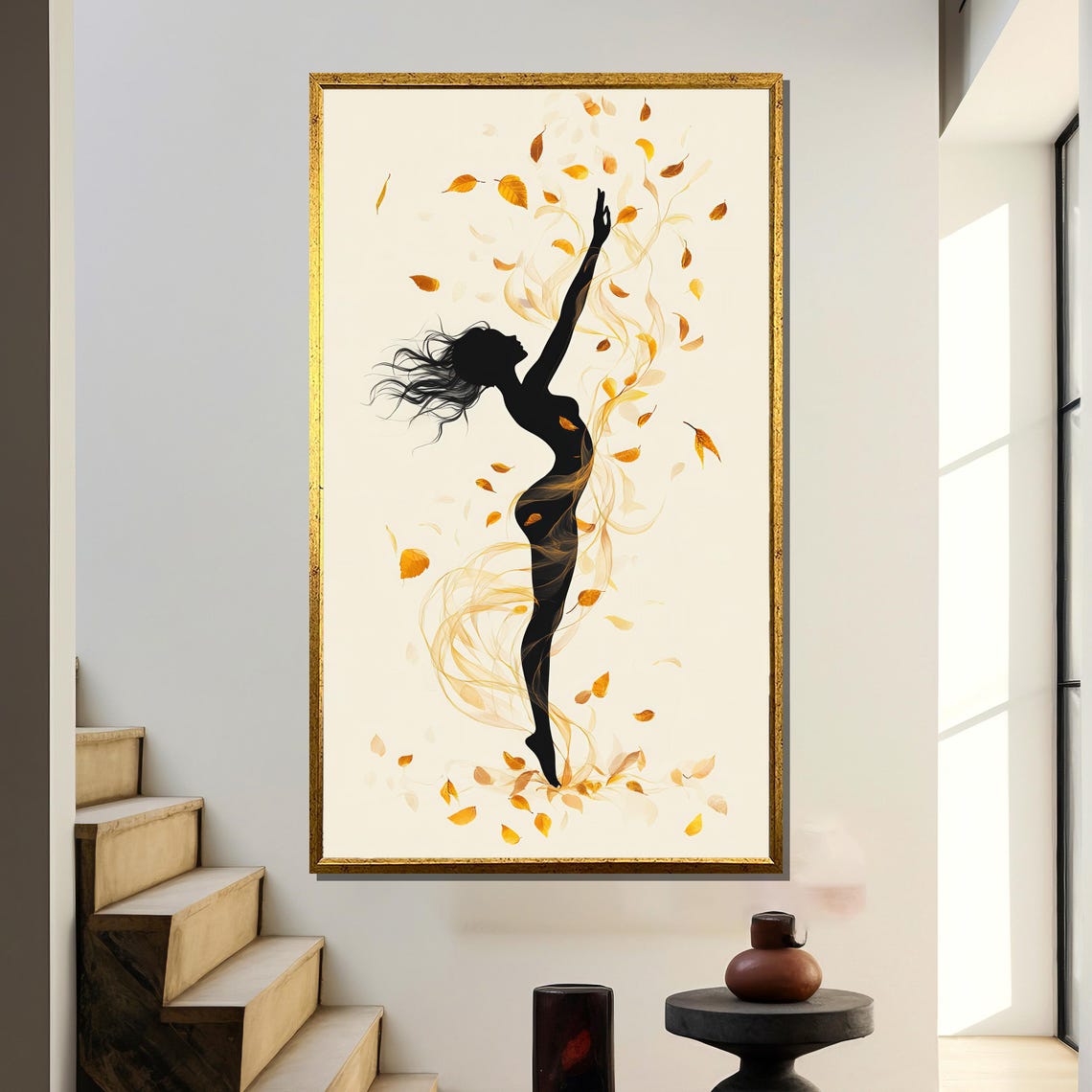 Elegant Silhouette Dance With Autumn Leaves, Poster Print