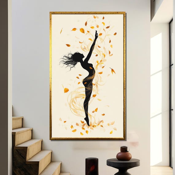 Elegant Silhouette Dance With Autumn Leaves, Poster Print