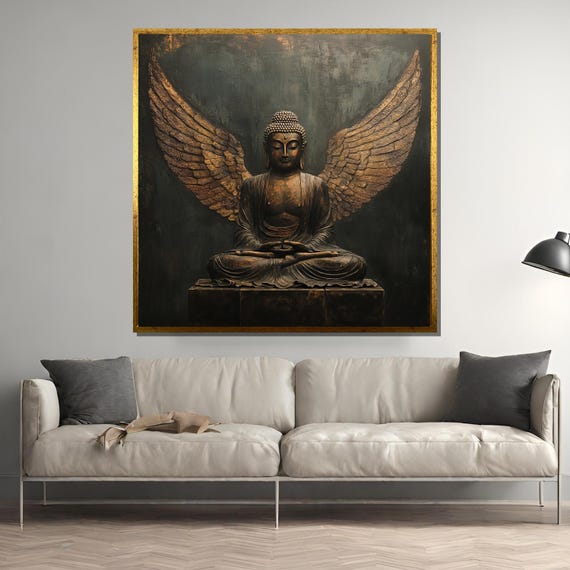 Winged Buddha Statue, Spiritual Zen Wall Art