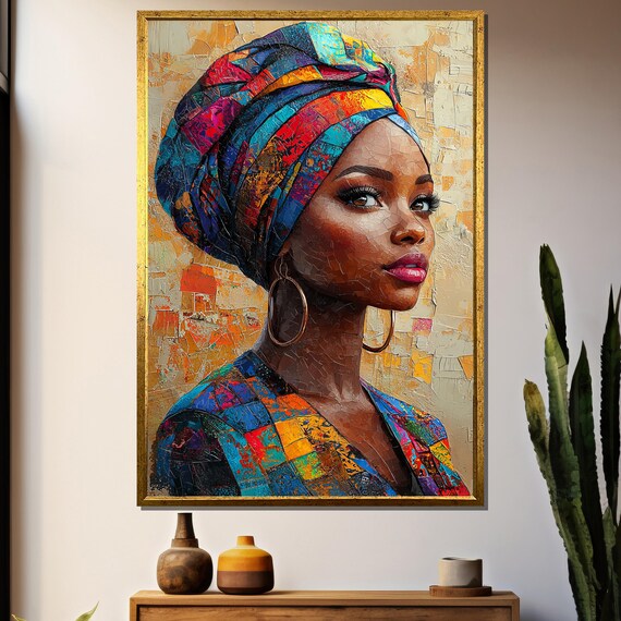 Afro Woman Portrait, Mosaic Style Modern African Decor
