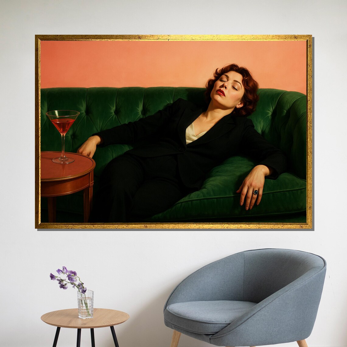 Red Haired Woman Lounges On Sofa, Noir Elegance