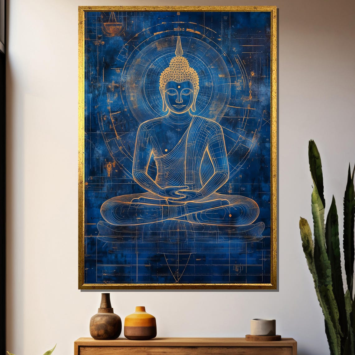 Golden Line Art Buddha, Zen Meditation Room Art Print