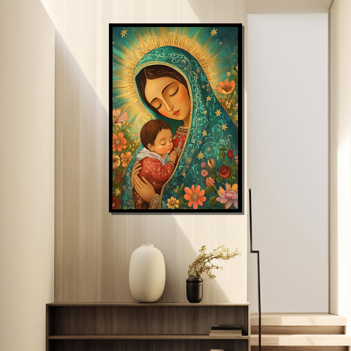 La Virgen De Guadalupe Painting, Floral Religious Art - Image 2