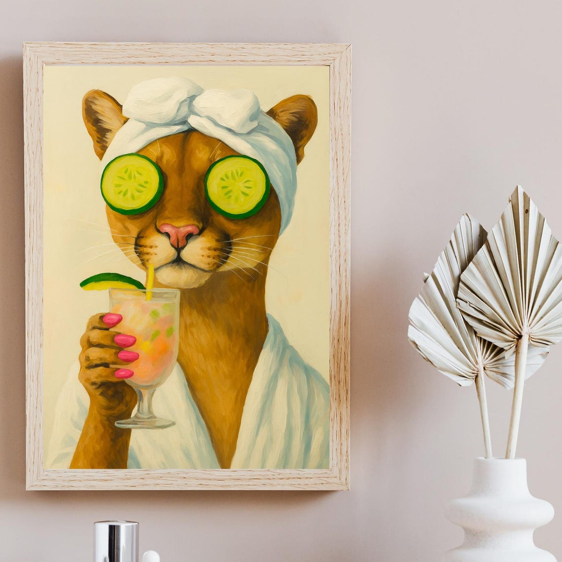 Spa Day Cat With Cucumber Eyes Whimsical Cocktail Animal Poster