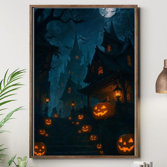Halloween Night Wall Art Glowing Pumpkins And Gothic Mansion For Spooky Season Decor