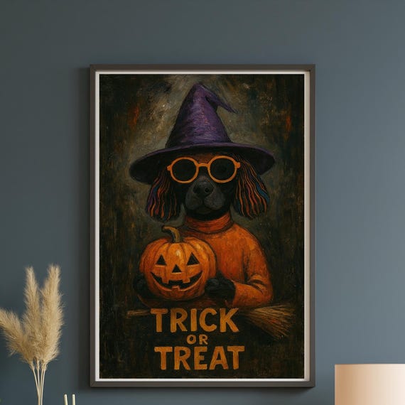 Trick Or Treat Wall Art Halloween Dog With Witch Hat Spooky Home Decor