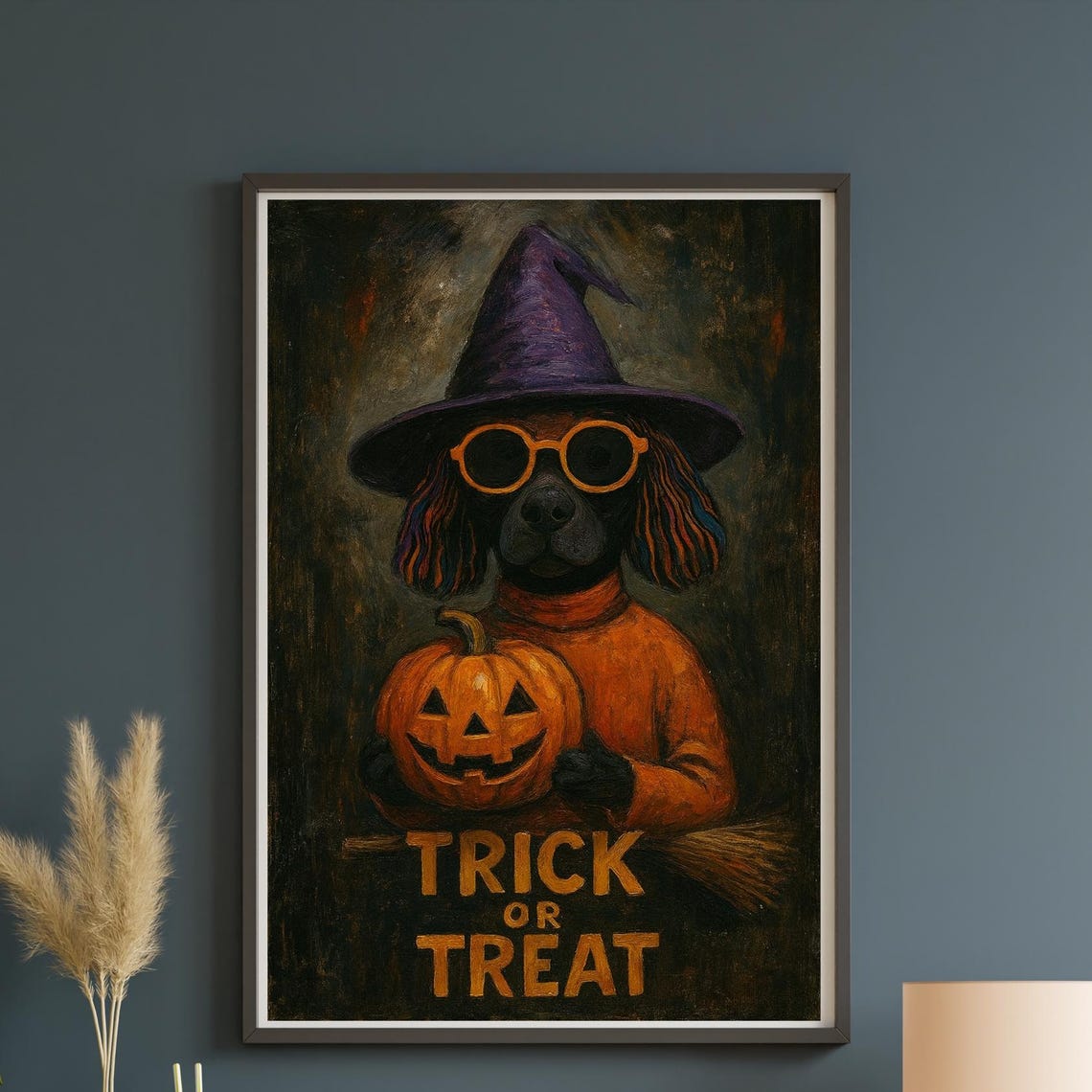 Trick Or Treat Wall Art Halloween Dog With Witch Hat Spooky Home Decor