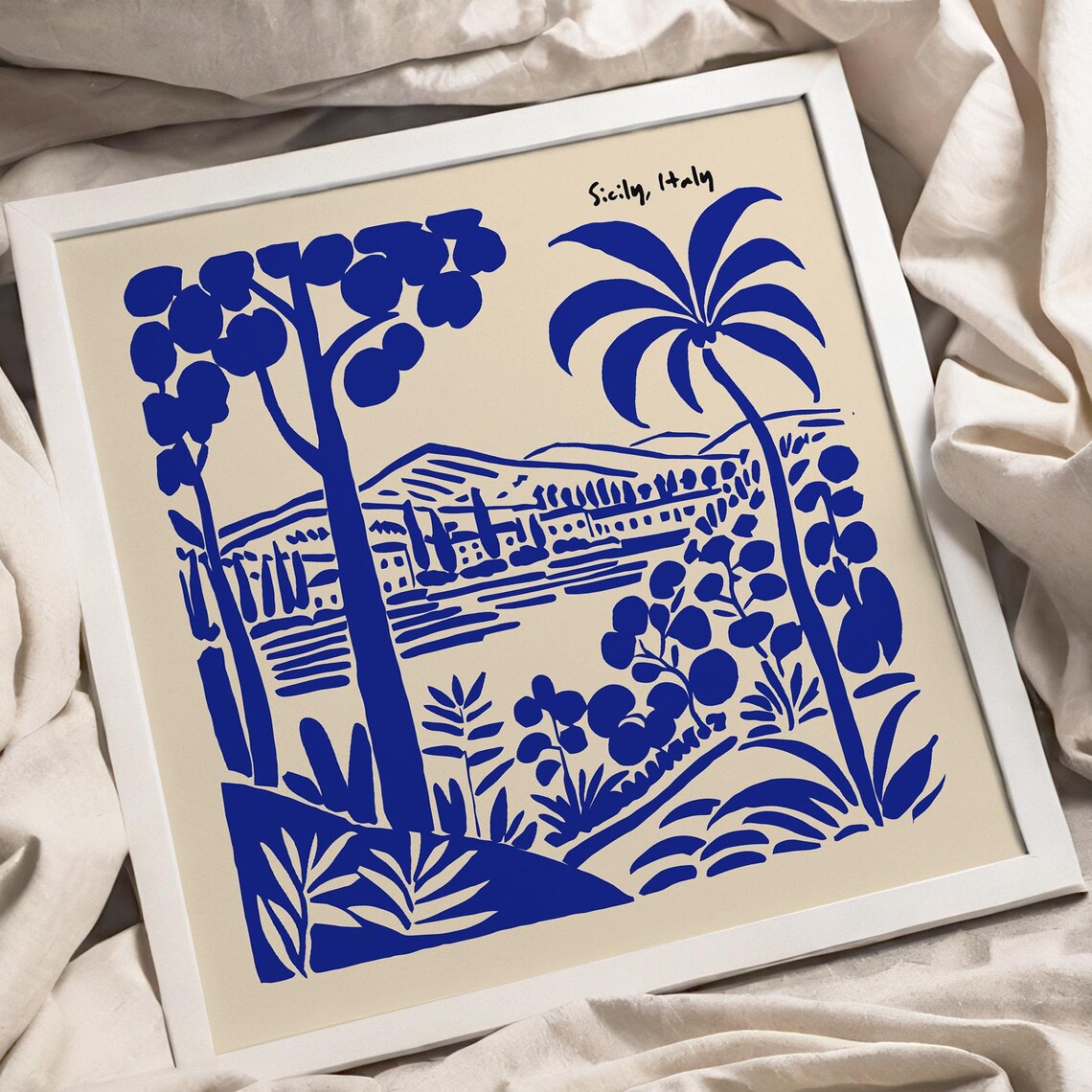 Sicily Italy Blue Ink Palm Landscape Linocut Travel Wall Poster