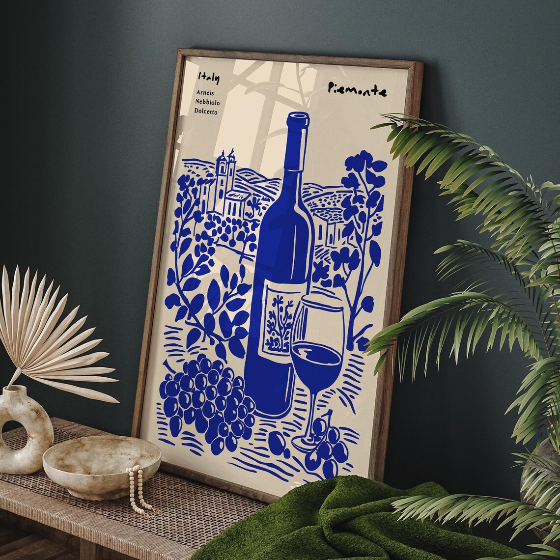 Piemonte Italy Wine Blue Ink Vineyard Bottle Glass Travel Poster