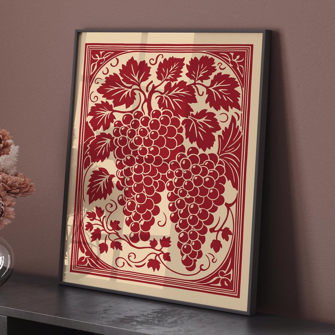 Red Grape Clusters Rococo Linocut Kitchen Dining Vineyard Poster