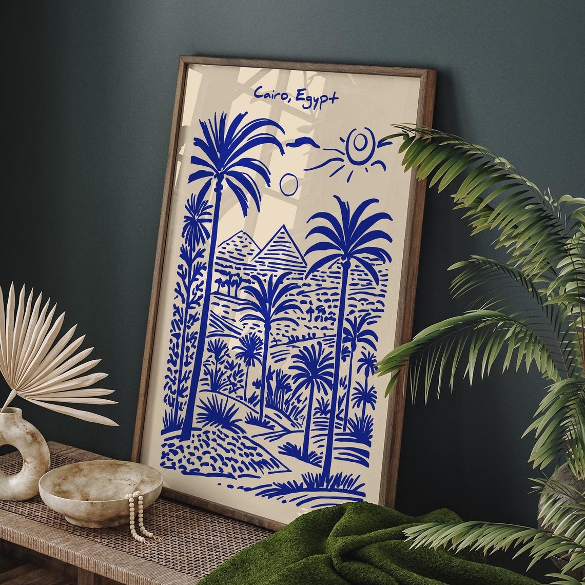 Cairo Egypt Blue Pyramids Palm Trees Sunny Travel Art Poster