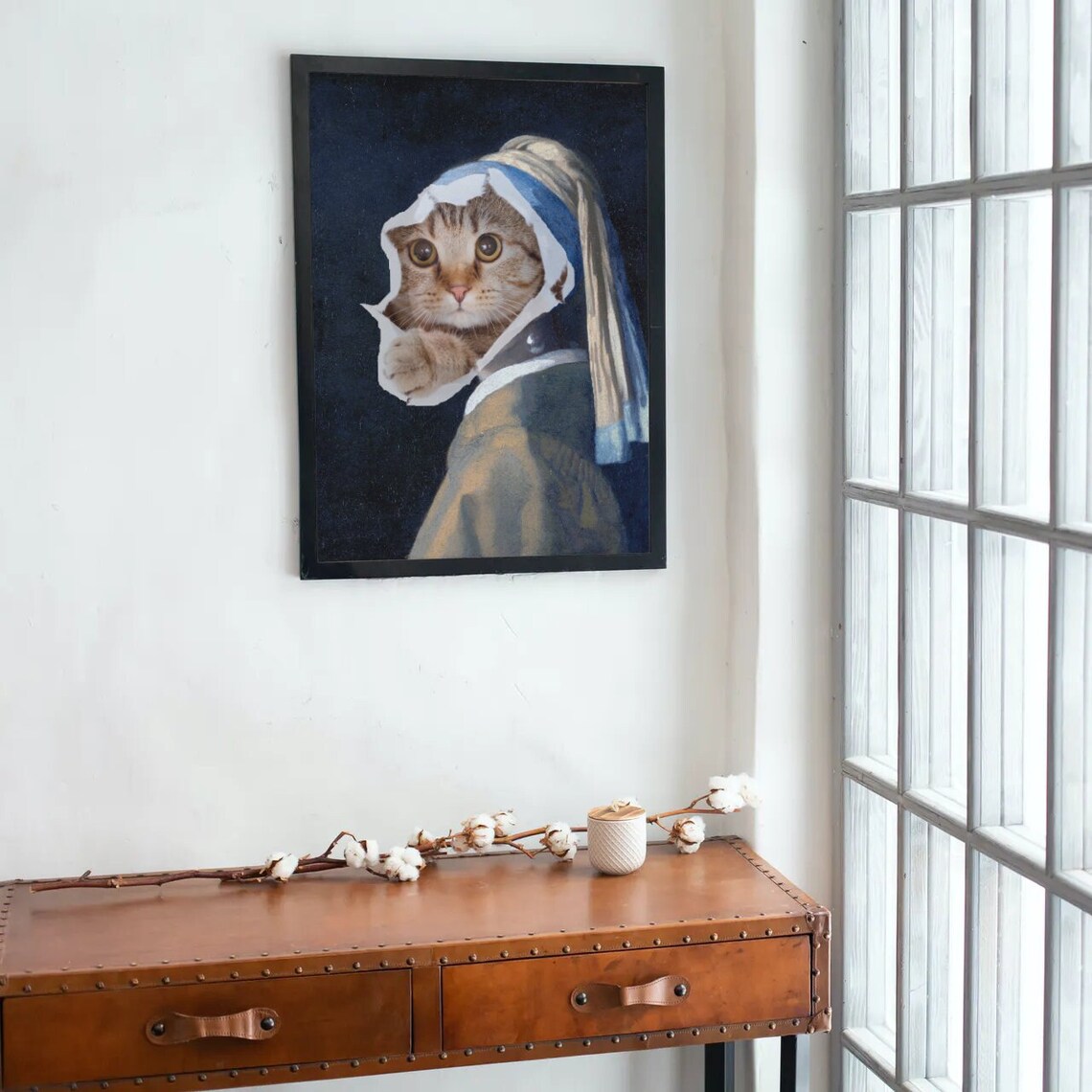 Cat With A Pearl Earring Poster Funny Vermeer Cat Artwork Piece - Image 2