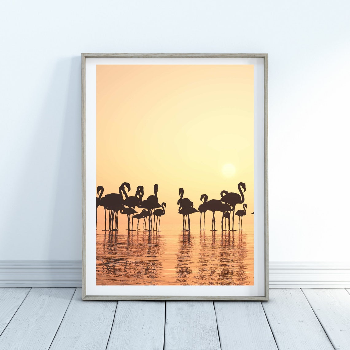 Flamingo Sunset Poster Silhouette Flock Reflecting In Calm Water