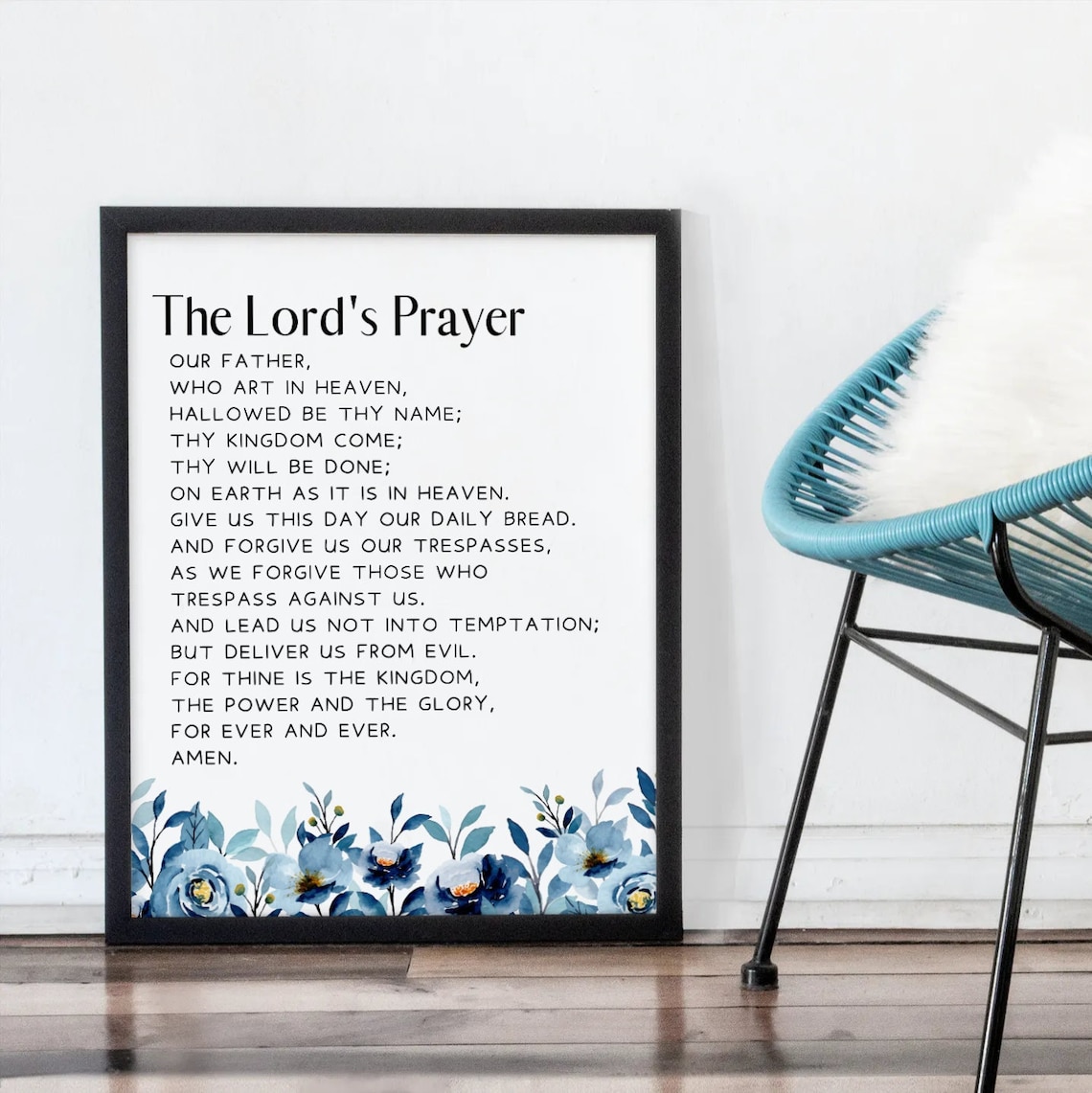 The Lord's Prayer Full Text Blue Floral Watercolor Faith Poster - Image 3