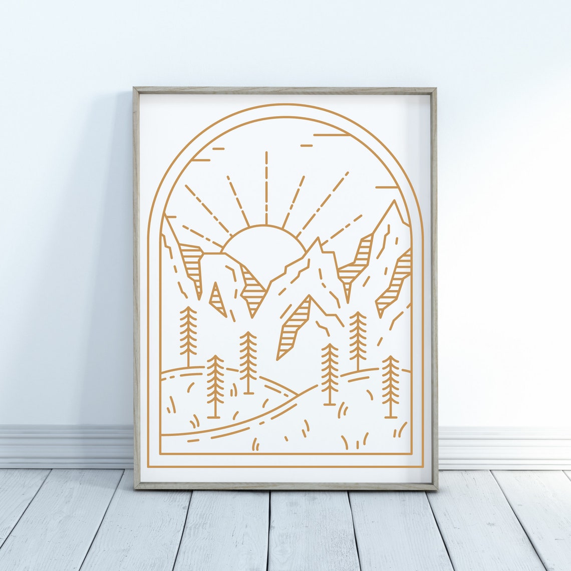 Golden Monoline Mountain Sunrise Arch Continuous Line Art Poster