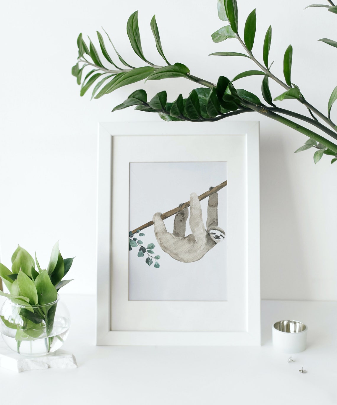 Watercolor Sloth Poster Hanging From Branch With Green Leaves - Image 3