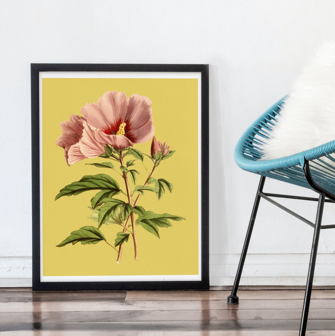 Vintage Hibiscus Flower Poster Botanical Art On Mustard Yellow - Image 3