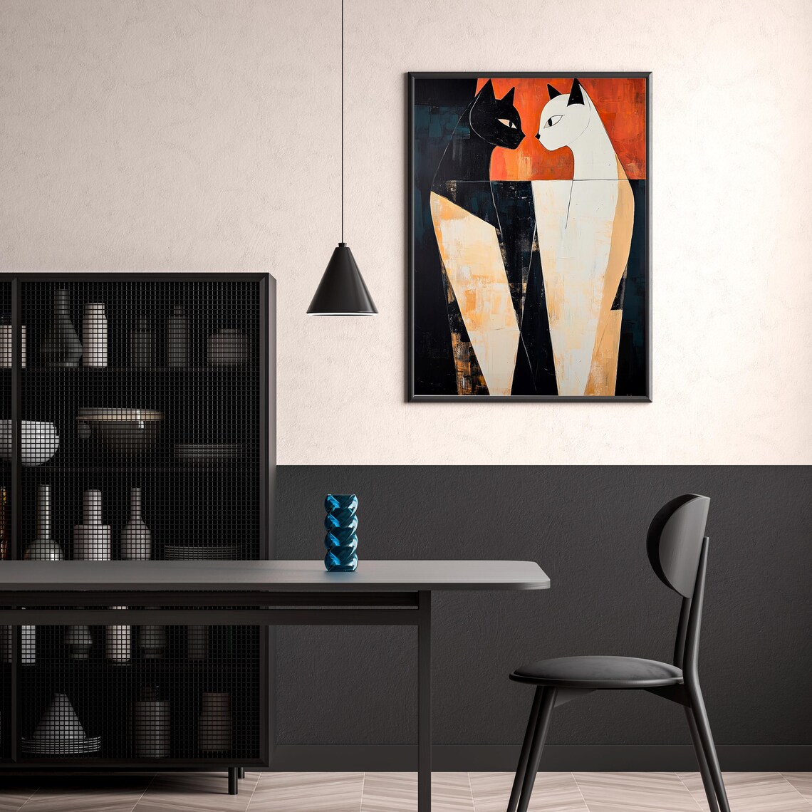 Black And White Geometric Cat Couple Facing Orange Art Poster - Image 3