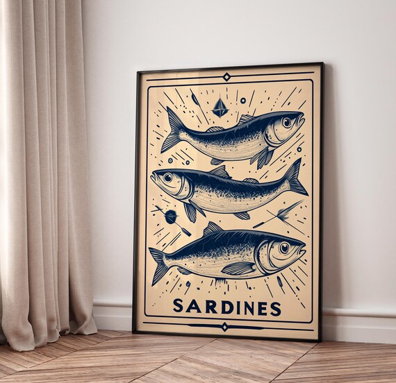Sardines Print Sardine Tin Vintage Poster Retro Sardine Wall Art Fish Print Eclectic Wall Art Colorful Kitchen Art Maximalist Poster