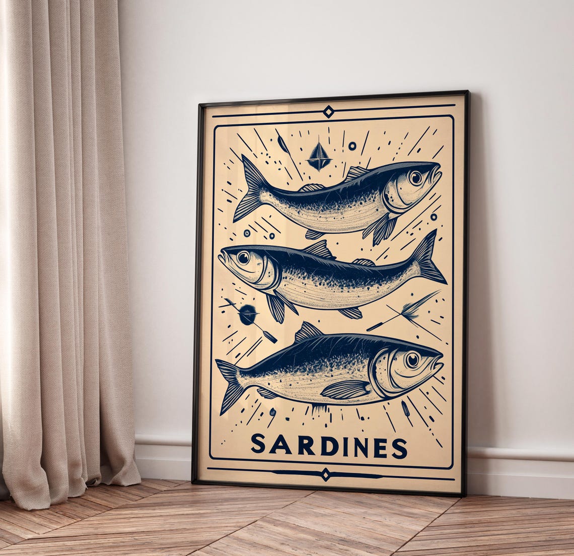 Vintage Sardines Three Fish Navy Illustration Kitchen Poster