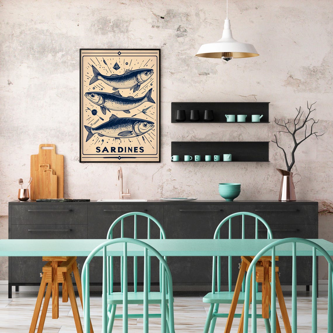 Vintage Sardines Three Fish Navy Illustration Kitchen Poster - Image 3
