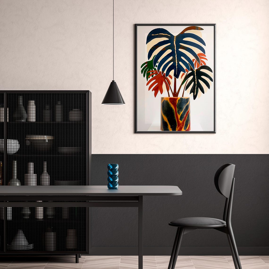 Monstera Plant In Marbled Pot Navy Coral Botanical Painting Poster - Image 3