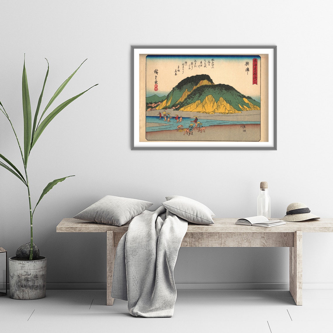 Utagawa Hiroshige People at Beach by Mountain 1858 Woodblock Poster - Image 3