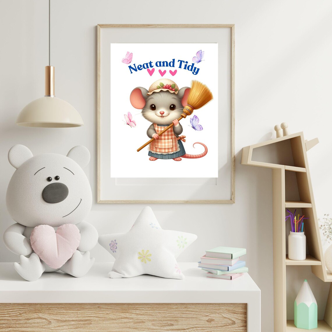 Neat and Tidy Mouse in Apron Holding a Broom With Butterflies Poster - Image 5
