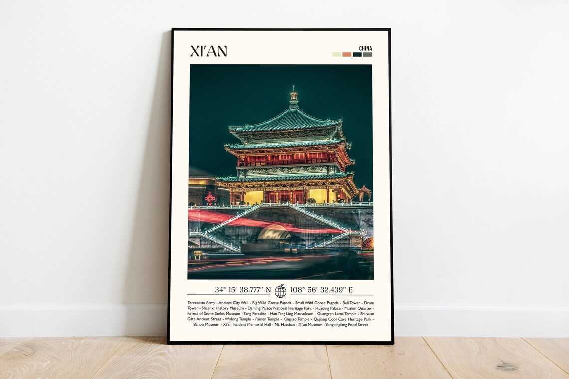 Xian China Bell Tower Night Lights City Landmarks Travel Photo Poster