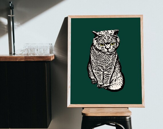 Distinguished Green Cat in Suit Quirky Vintage Style Animal Print