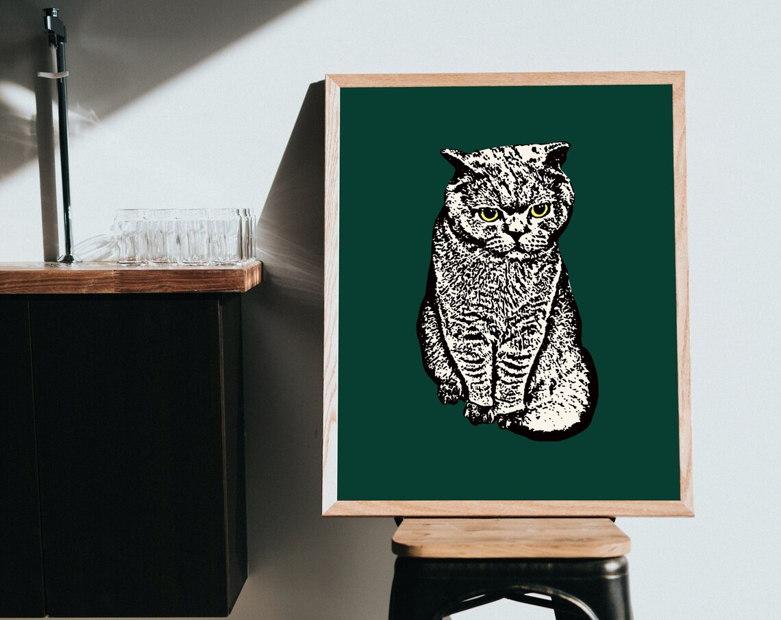 Distinguished Green Cat in Suit Quirky Vintage Style Animal Print