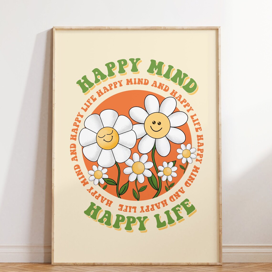 Happy Mind Happy Life Smiley Daisy Retro Badge Style Wall Poster