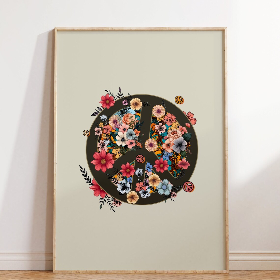 Floral Peace Sign Retro Poster Wildflower Hippie Bloom Decor Gift