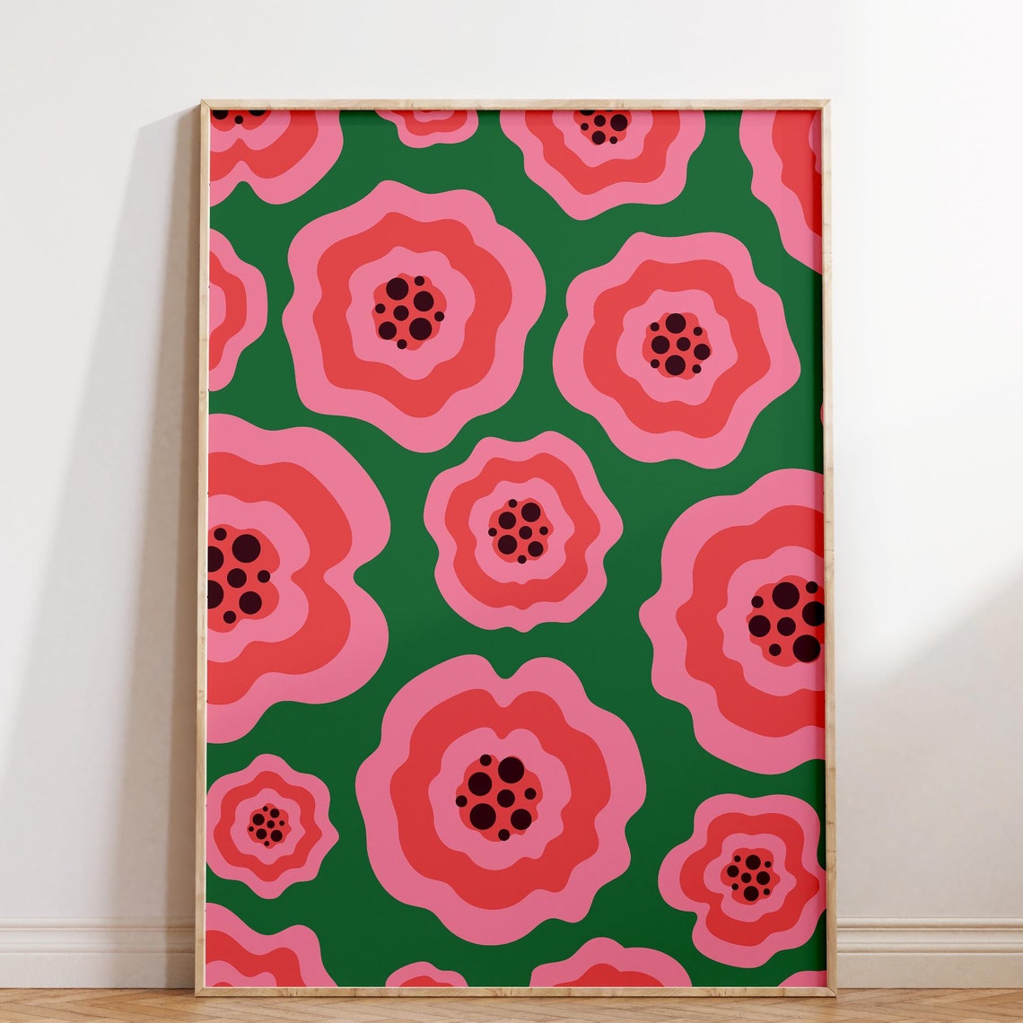 Bold Retro Flower Pattern Poster Pink Green Maximalist Wall Decor