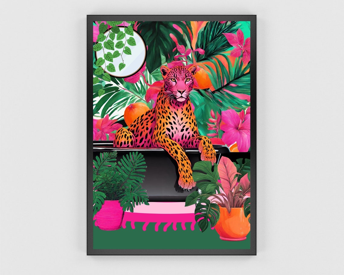 Pink Leopard Bathtub Art Tropical Jungle Bath Soak Wall Print - Image 3