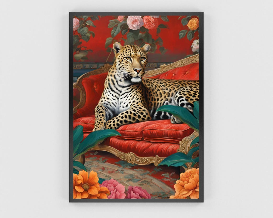 Leopard Resting on a Red Victorian Sofa with Roses Decor Poster - Image 3
