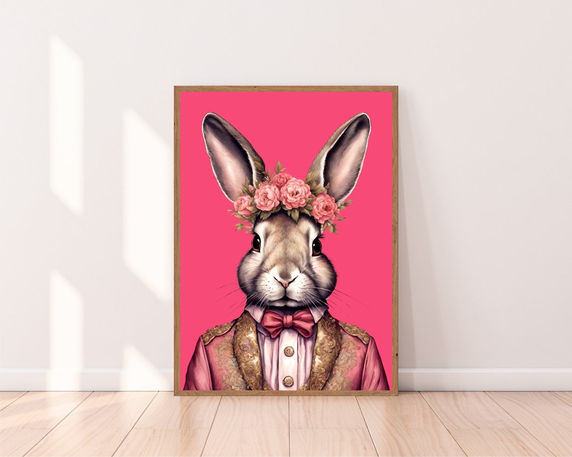 Fashion Bunny Portrait Art Print Eclectic Fashionista Bunny Poster Bold Altered Animal Portrait Vintage Floral Rabbit Art - Image 2