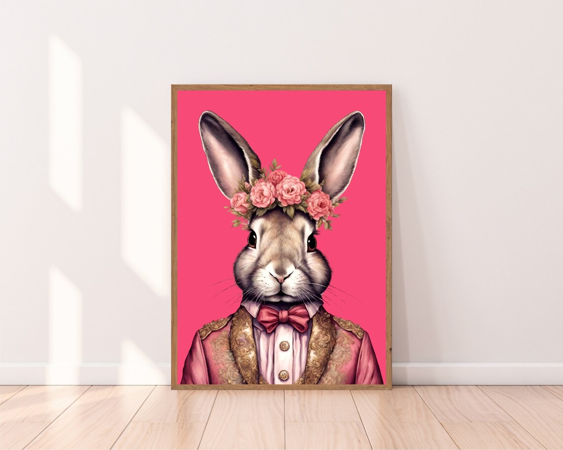 Gentleman Bunny Fashion Art Tuxedo Bow Tie Pink Rose Crown Print - Image 2
