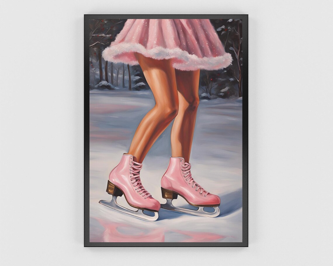 Pink Ice Skates Fur Trim Skirt Snowy Winter Scene Wall Poster - Image 3