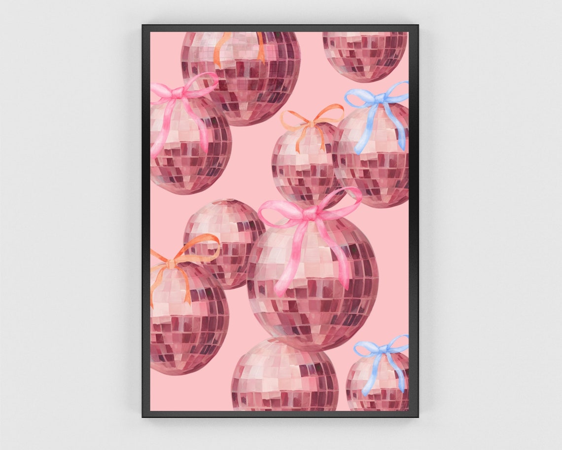 Pink Disco Balls With Tiny Colorful Ribbon Bows Party Poster - Image 3