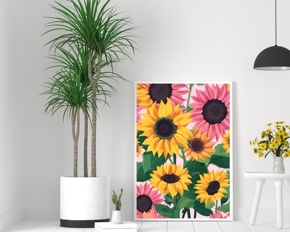 Yellow Pink Sunflower Field Blooming Floral Pattern Art Poster - Image 2