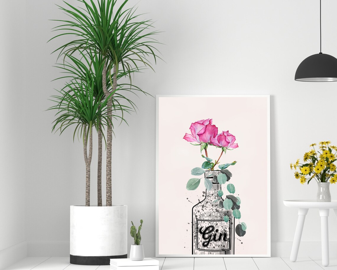 Botanical Gin Art Print, Pink Floral Kitchen Poster - Image 3