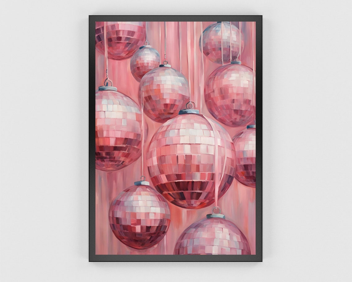Hanging Pink Disco Ball Ornaments On Blush Painterly Background Poster - Image 3