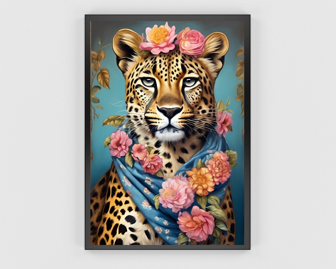 Leopard Wearing Flower Crown And Floral Scarf On Teal Poster - Image 3