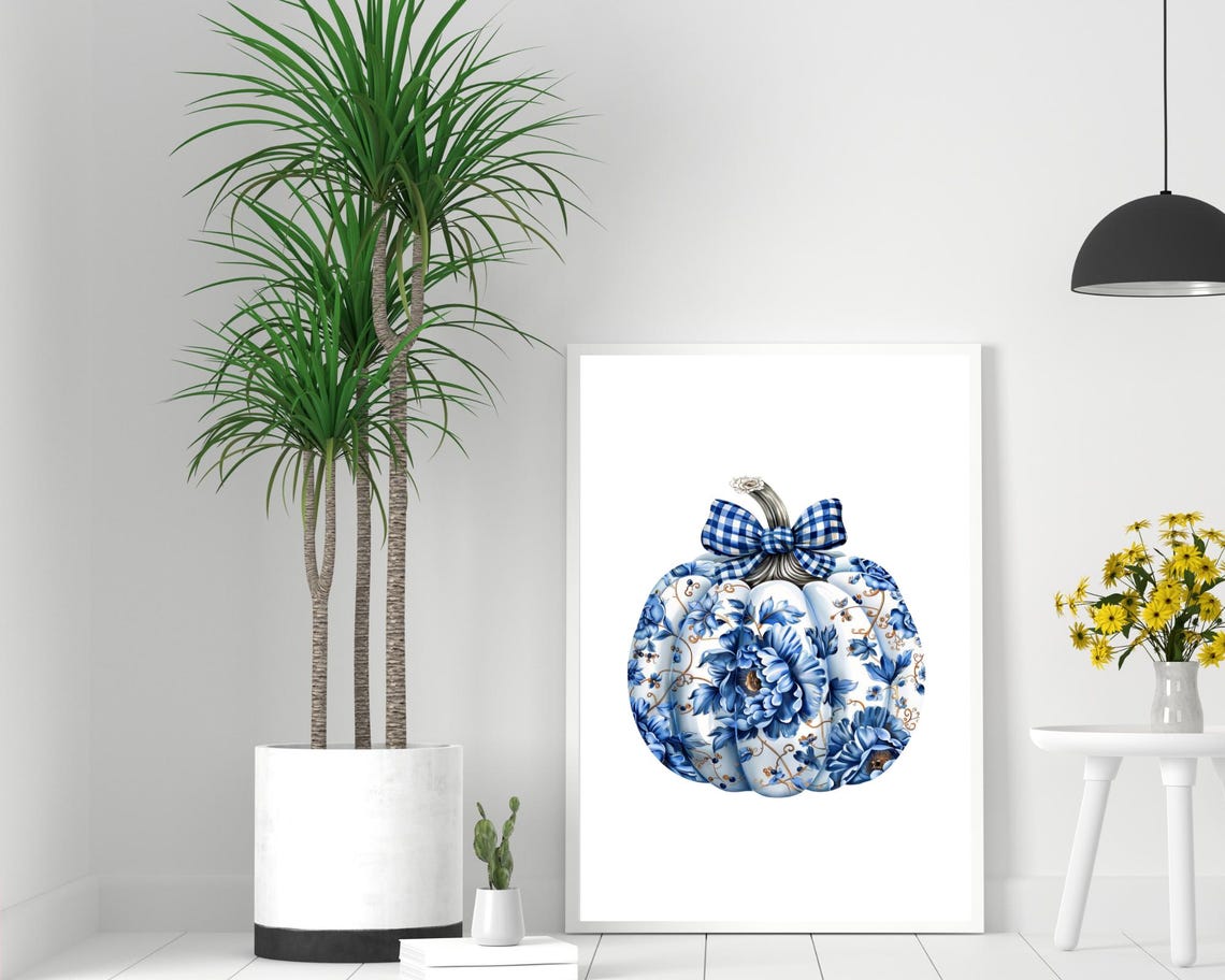 Blue Chinoiserie Floral Pumpkin Gingham Bow Fall Wall Poster - Image 2
