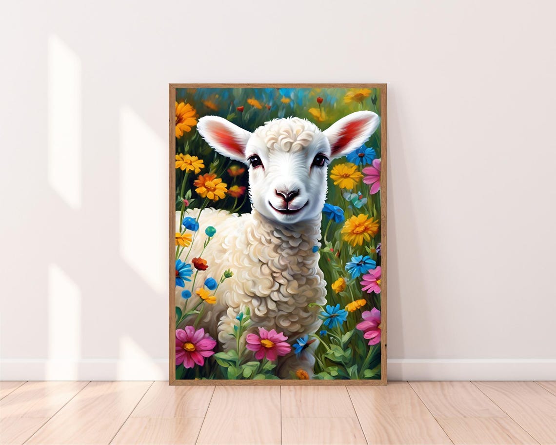 Smiling Lamb in a Colorful Wildflower Meadow Cute Animal Poster - Image 2