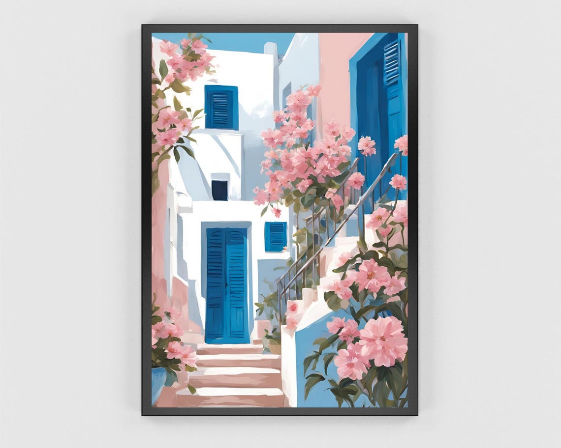 Whitewashed Greek Alley with Blue Doors and Blossoms Travel Poster - Image 3