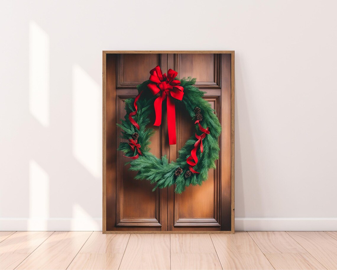 Evergreen Wreath with Red Bow on a Wooden Door Holiday Poster - Image 2