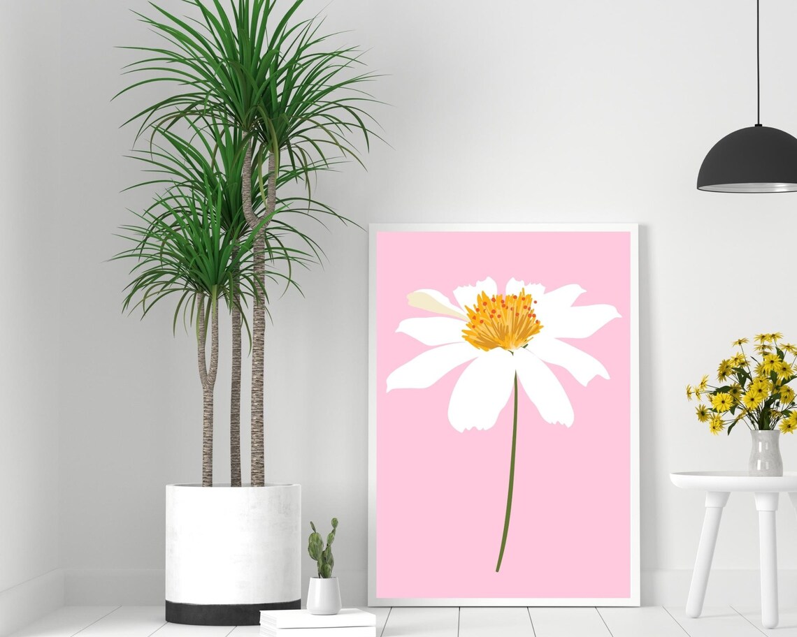 Single White Daisy Orange Center Pink Minimalist Floral Art Poster - Image 3